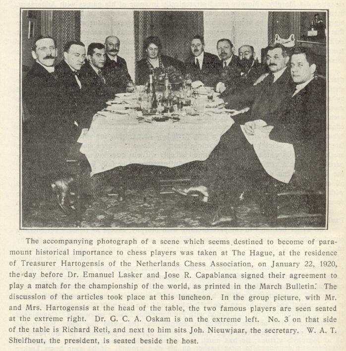 La haya 22 de enero de 1920 se firma el acuerdo para el match, Mayo-Junio de 1920 American Chess Bulletin de Chesshistory