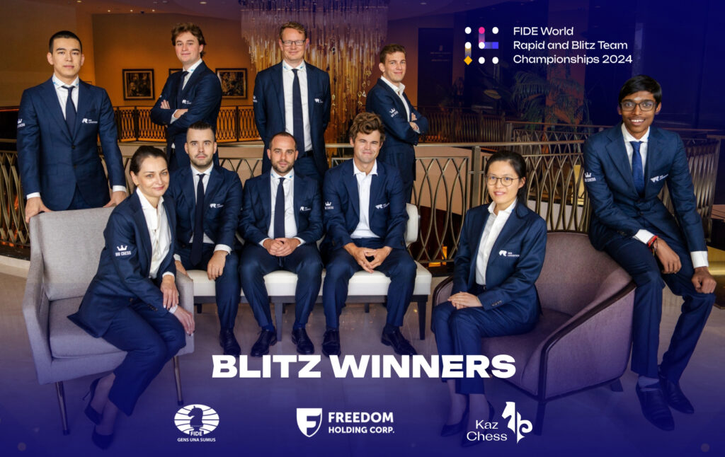 Campeones del Mundial Blitz por Equipos 2024, liderados por Magnus Carlsen
Foto Maria Emelianova